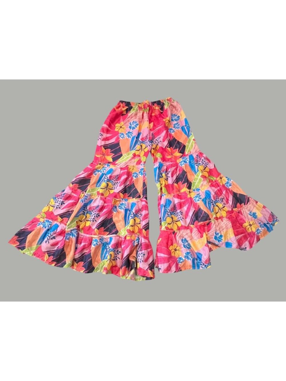 Colorful Floral Wide-Leg Bell-Bottom Pants With Elastic Waistband Lightweight &